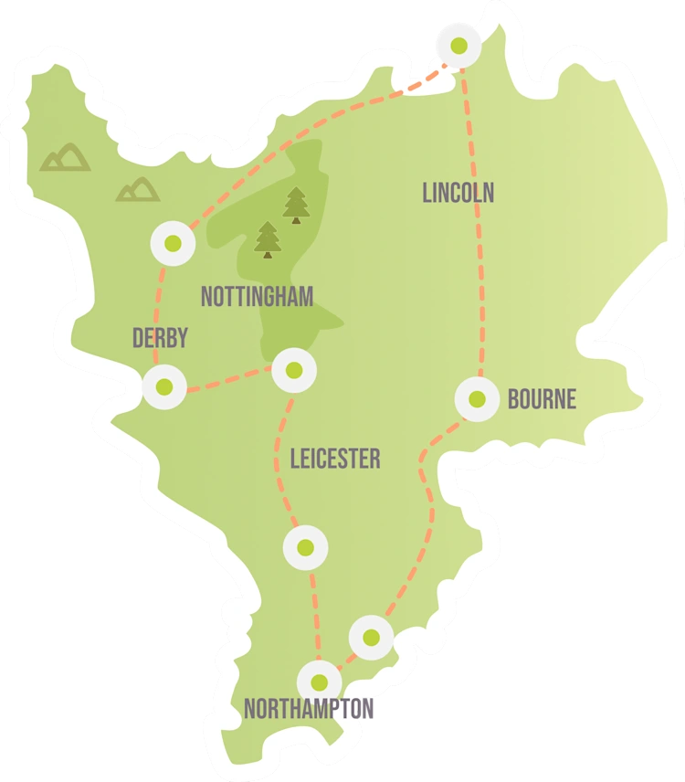 Map showing the route for the East Midlands wine trail